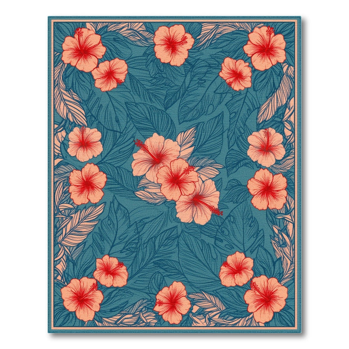 Coral Hibiscus Teal Floral Area Rug