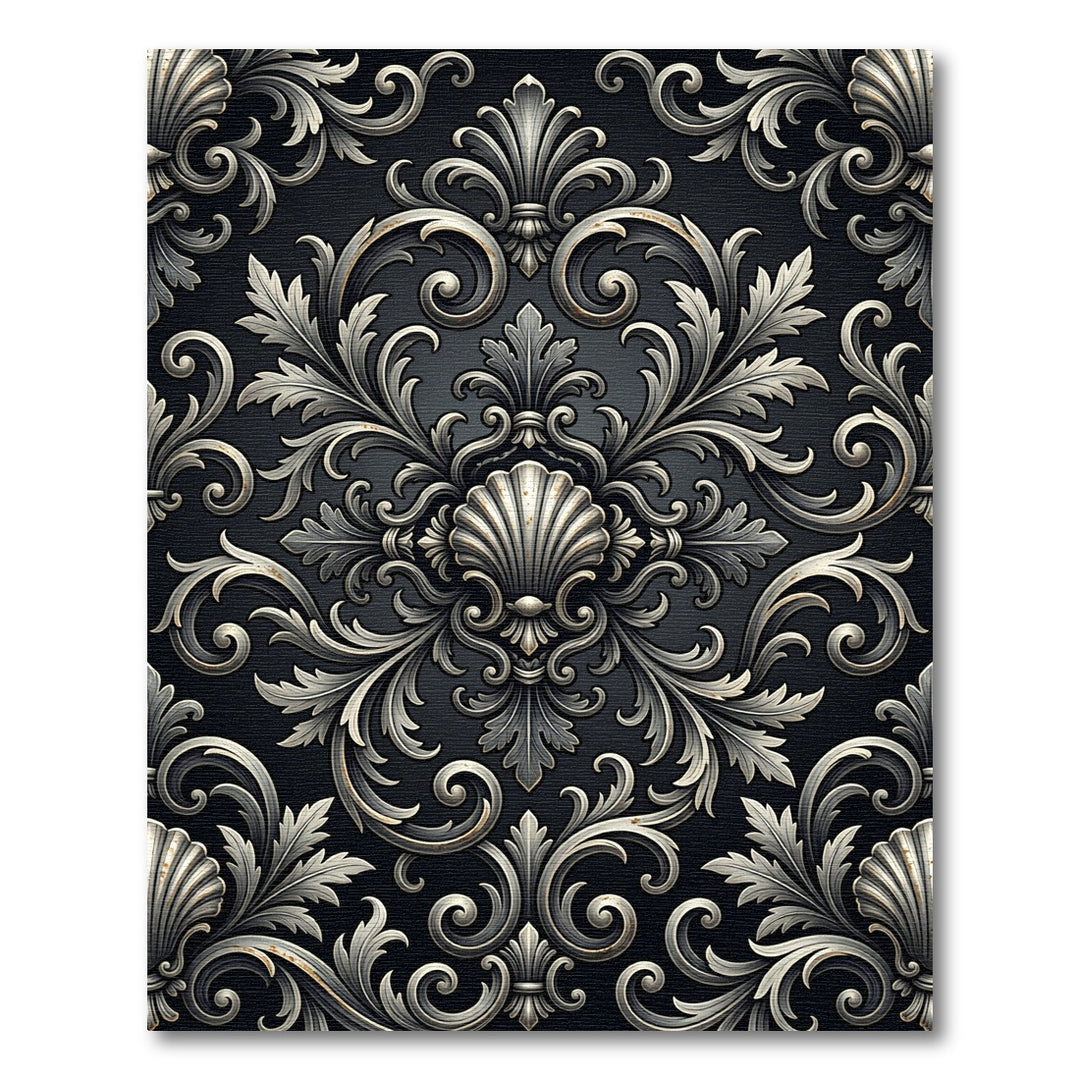 Ornate Silver Scrollwork Damask Rug