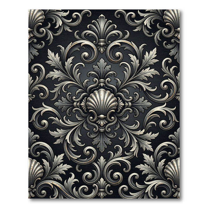 Ornate Silver Scrollwork Damask Rug