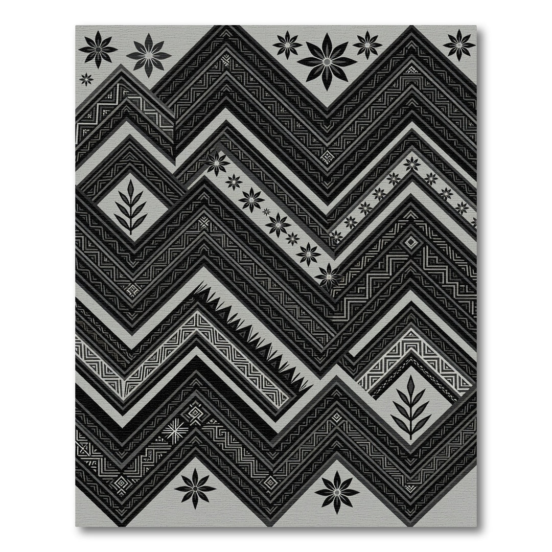 Geometric Chevron Black Floral Arrangement Rug