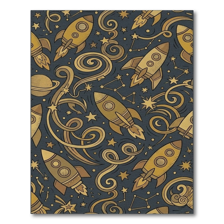Golden Rockets Swirling Cosmic Nebula Rug