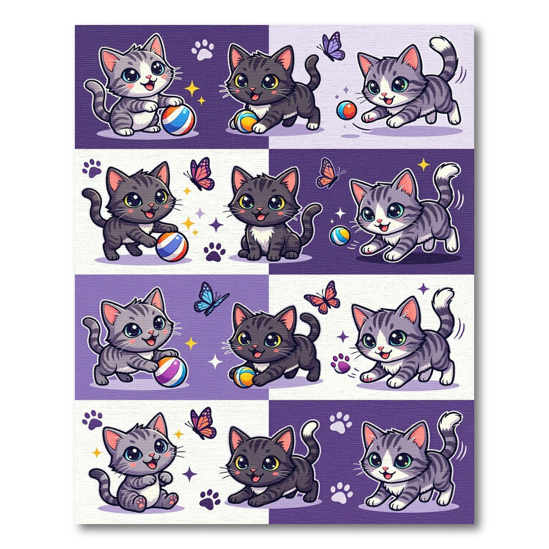 Playful Kittens Butterflies Purple Checkerboard Rug