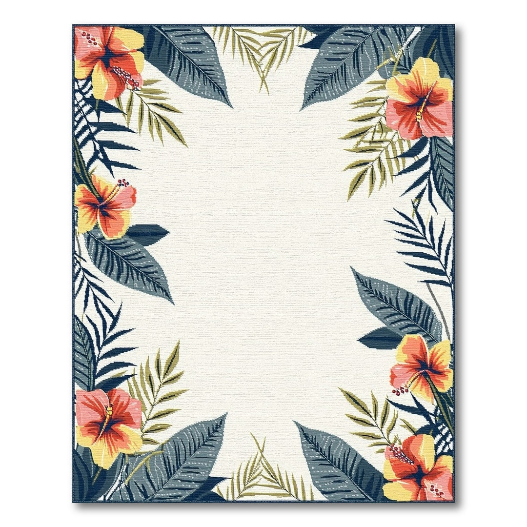 Hibiscus Floral Border Washable Area Rug