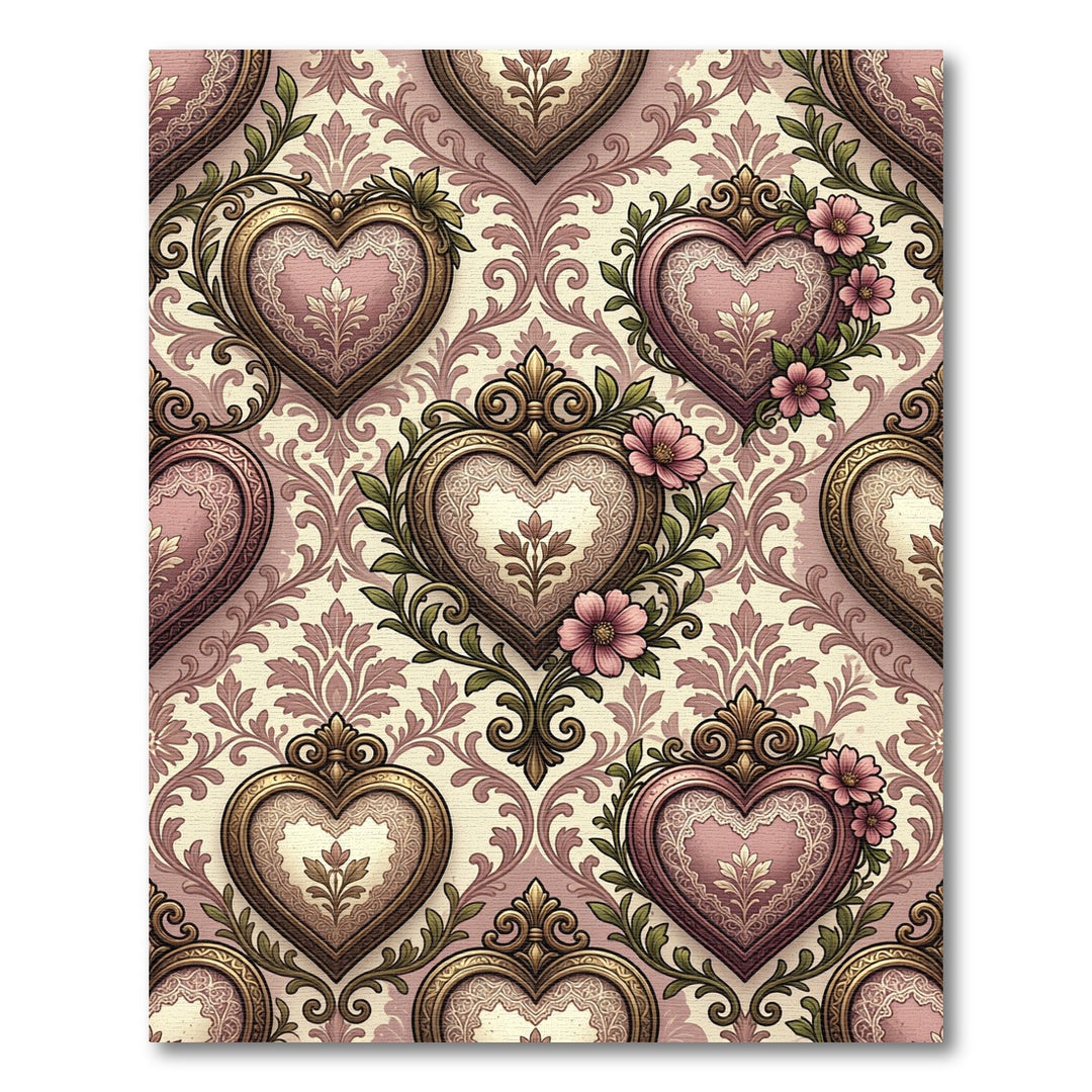 Vintage Pink Heart Floral Damask Rug