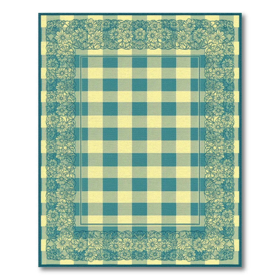 Teal Floral Gingham Washable Area Rug