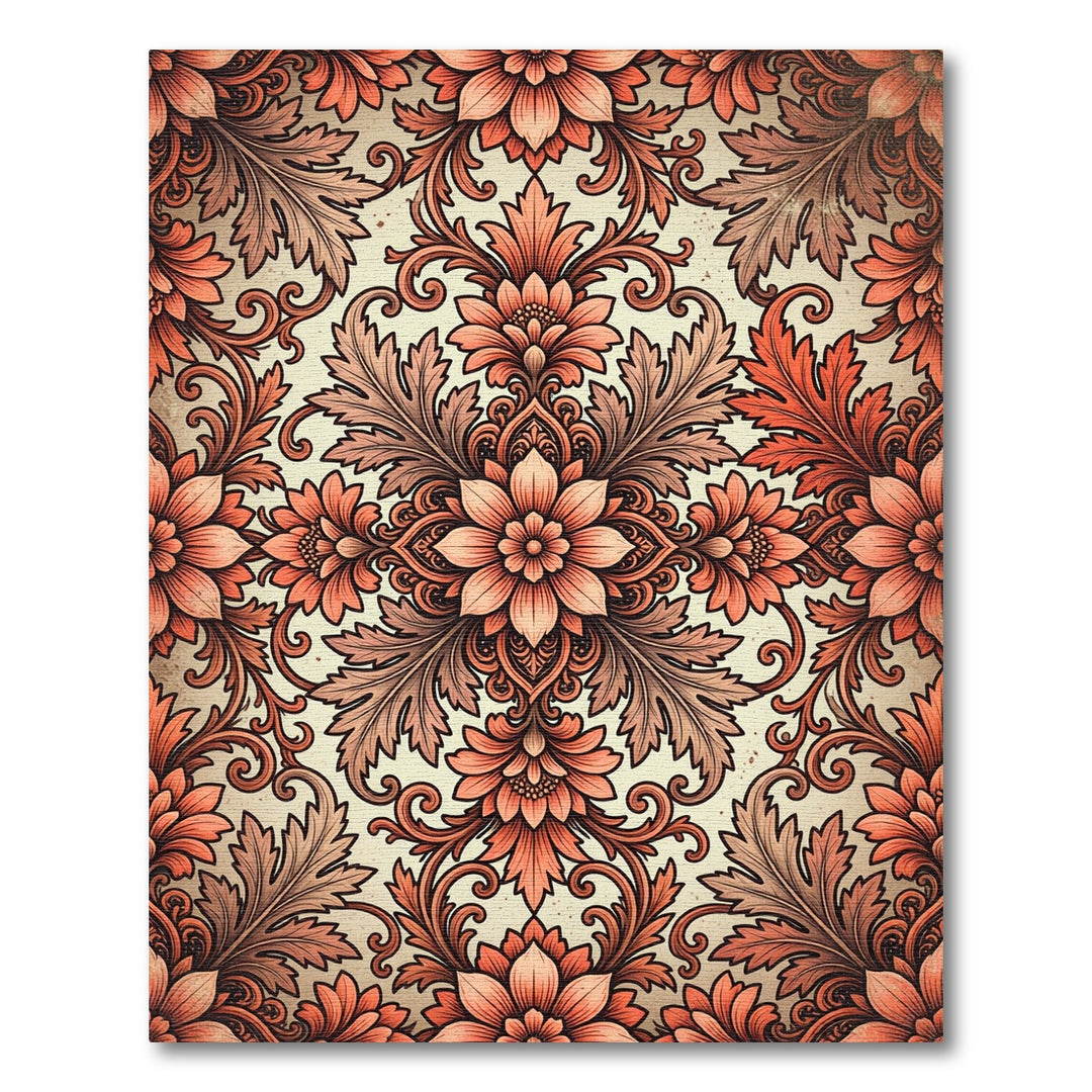 Ornate Coral Floral Damask Rug
