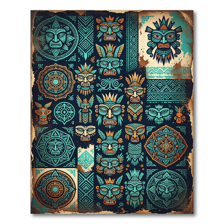 Tribal Teal Orange Mask Collage Rug