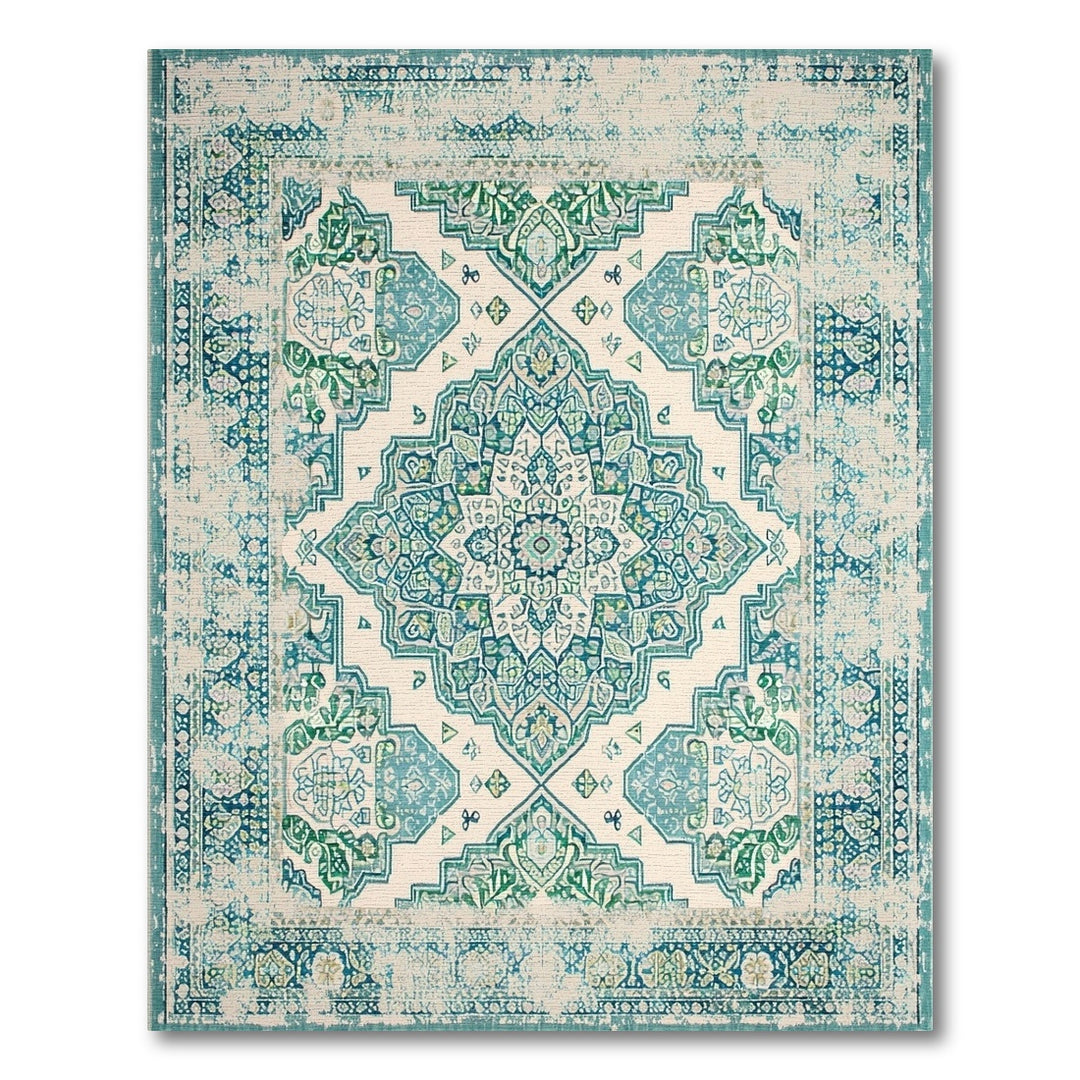 Blue and Teal Distressed Vintage Medallion Area Rug