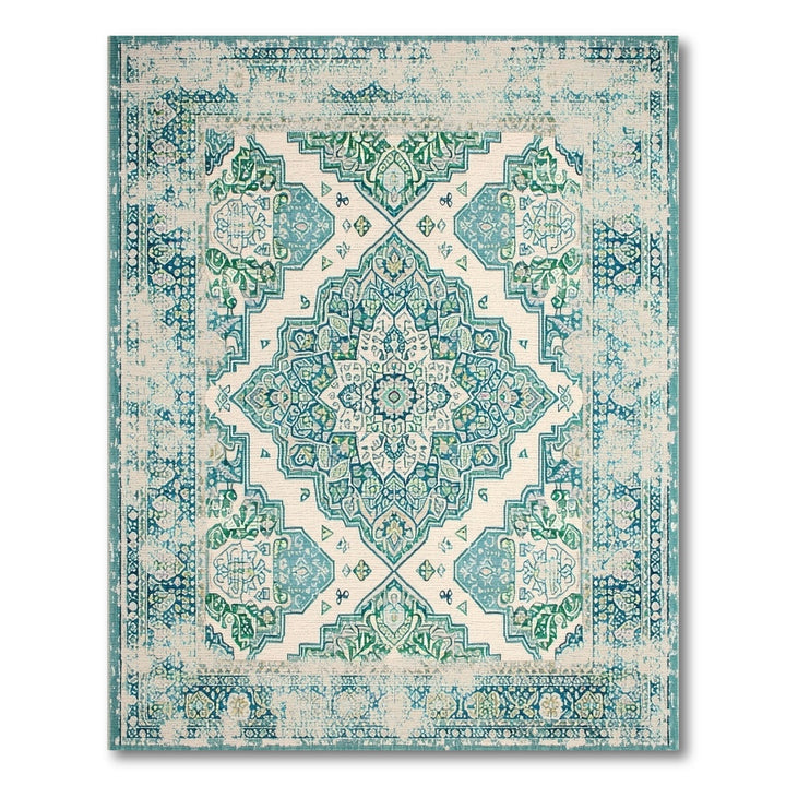Blue and Teal Distressed Vintage Medallion Area Rug