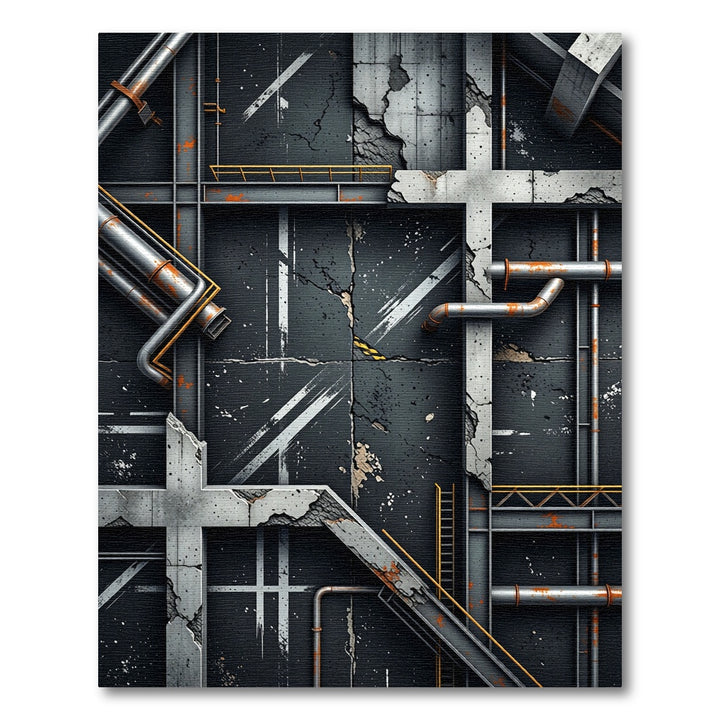 Industrial Gritty Concrete Metal Pipes Rug