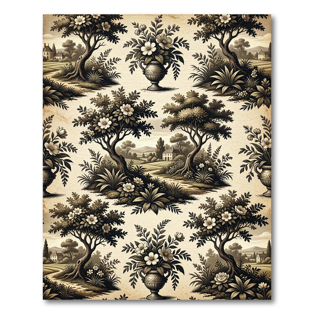 Antique Sepia Floral Landscape Toile Rug