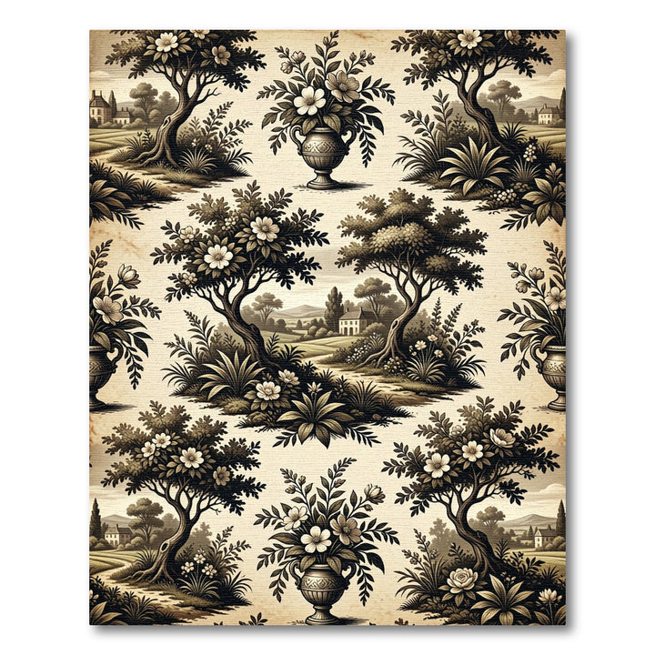 Antique Sepia Floral Landscape Toile Rug