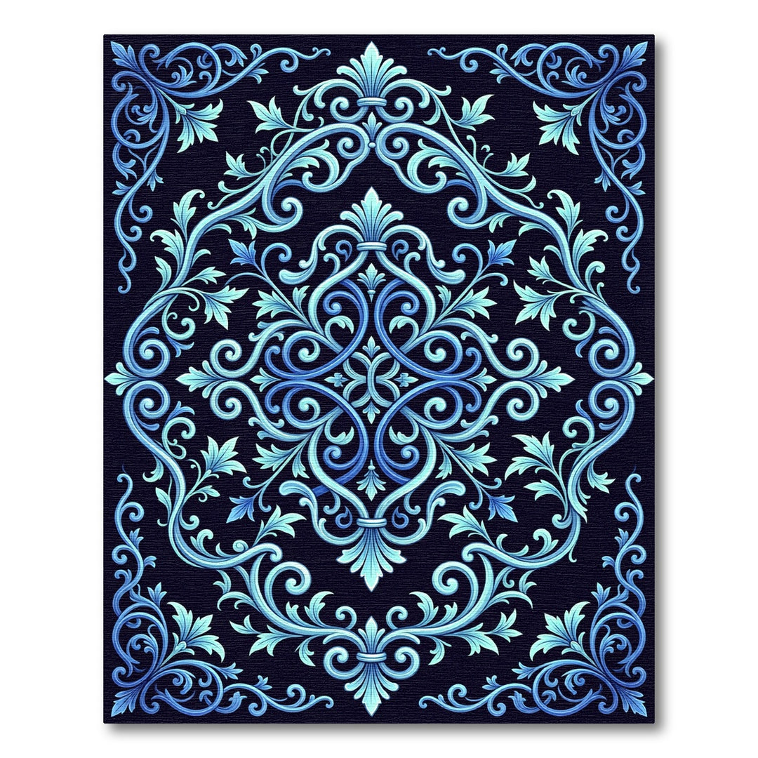 Elegant Blue Scrollwork Floral Foliage Rug