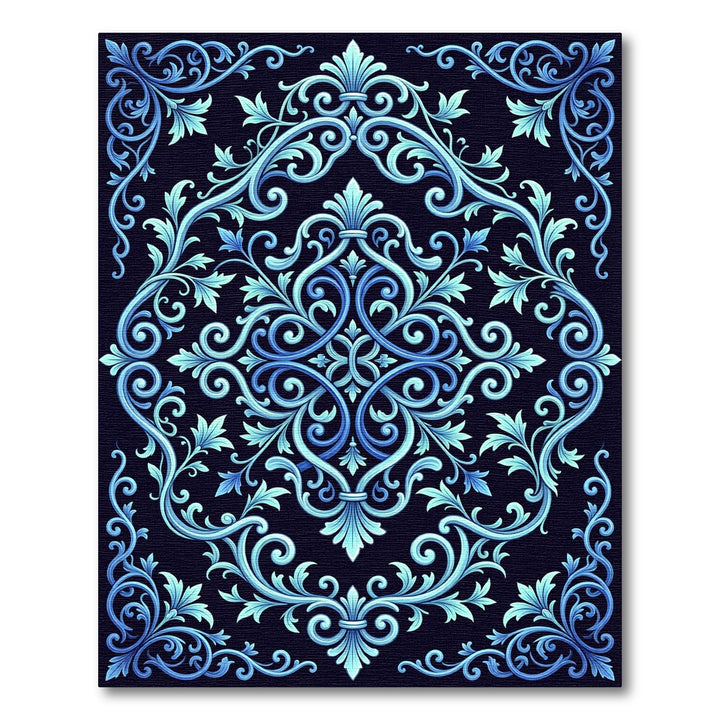 Elegant Blue Scrollwork Floral Foliage Rug