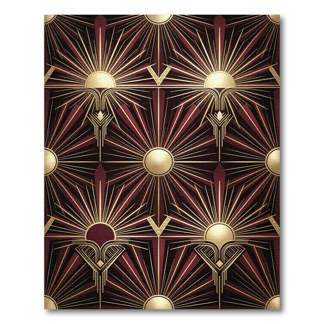 Art Deco Gold Sunburst Burgundy Rug