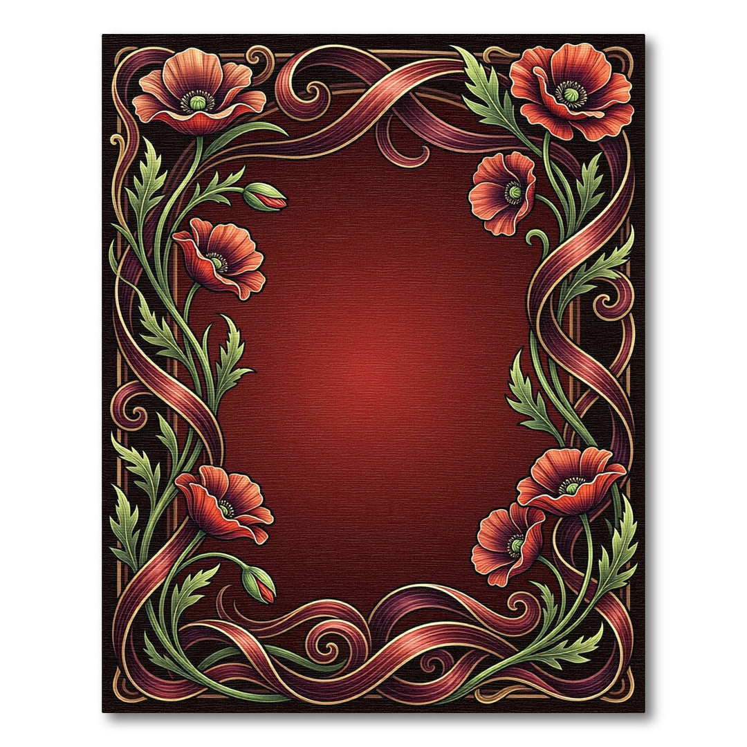 Crimson Red Poppy Floral Swirl Frame Rug