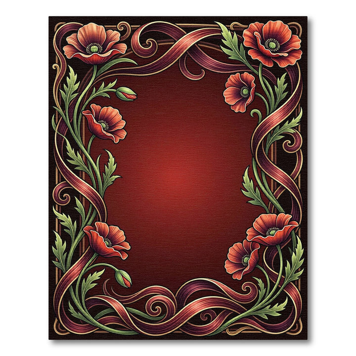 Crimson Red Poppy Floral Swirl Frame Rug