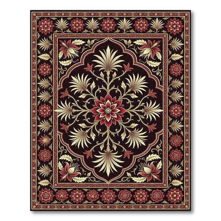 Dark Red Golden Floral Arch Rug