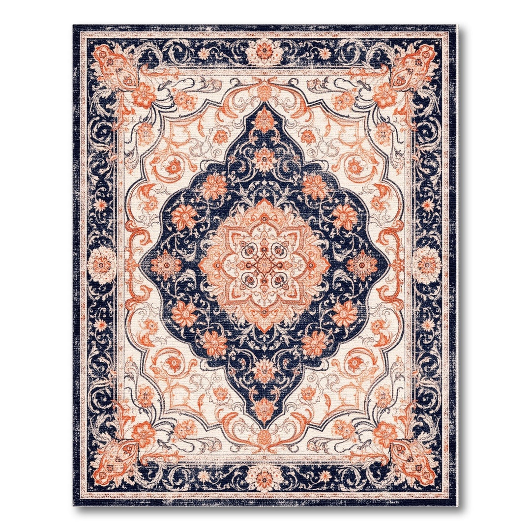 Navy Blue Coral Persian Medallion Area Rug