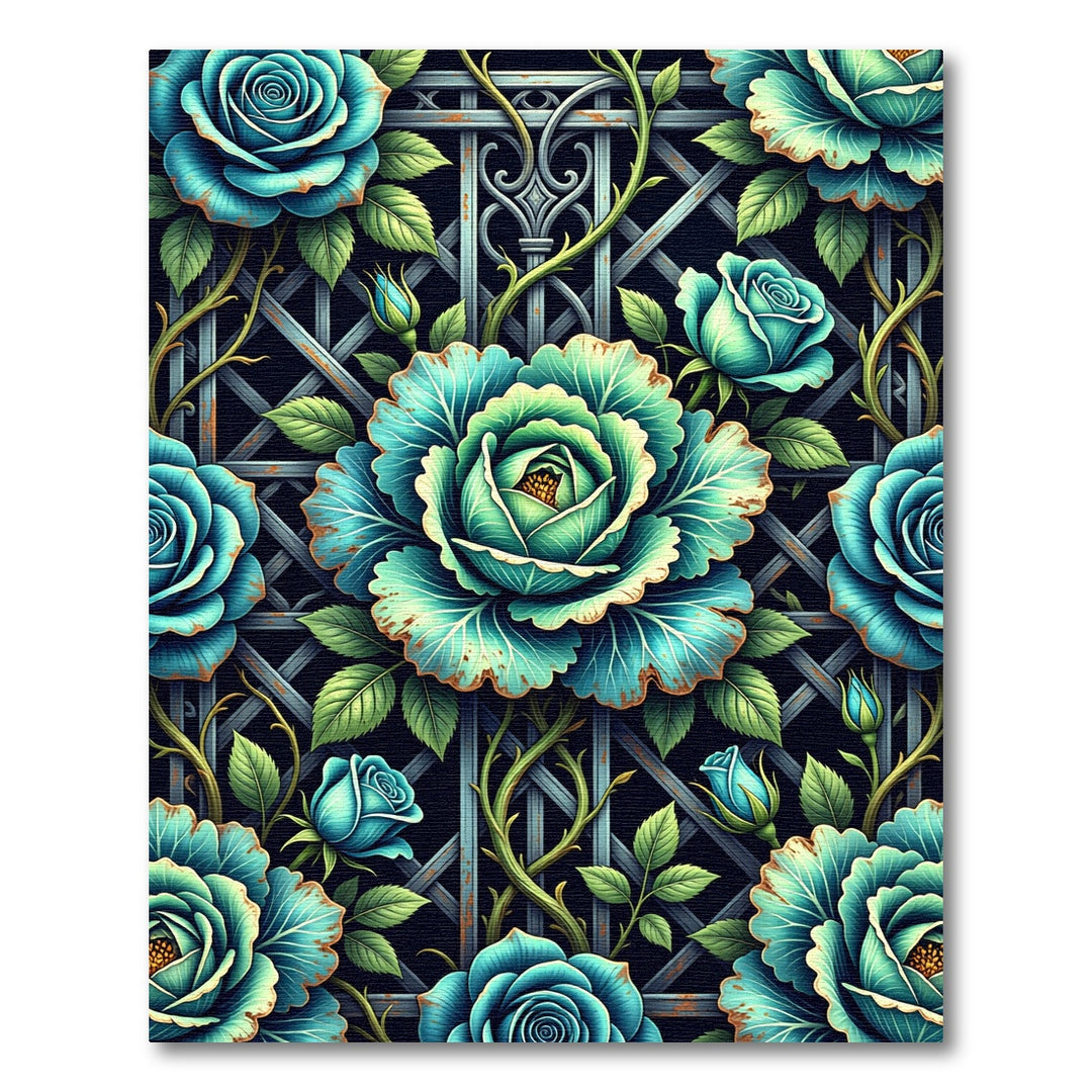 Teal Rose Trellis Garden Rug