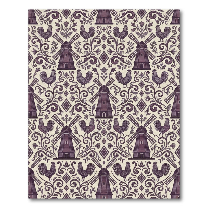 Vintage Plum Windmill Rooster Scrollwork Rug