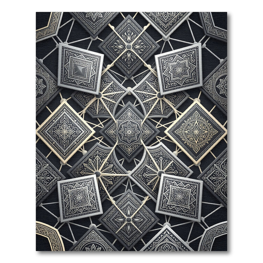Gray Silver Intricate Geometric Square Overlay Rug