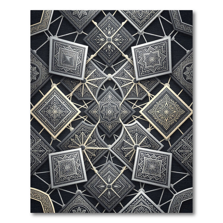 Gray Silver Intricate Geometric Square Overlay Rug