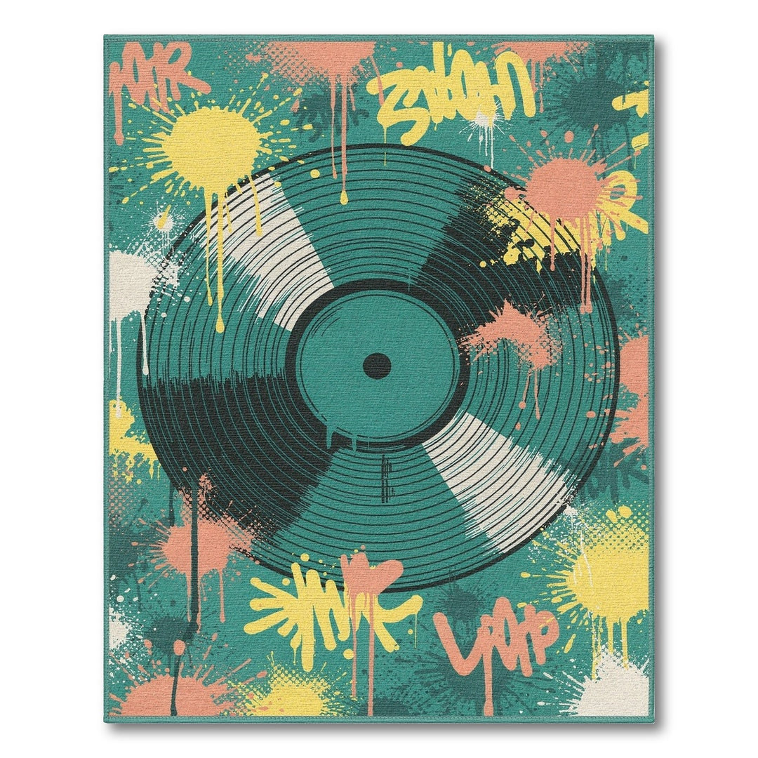 Teal Vinyl Record Graffiti Washable Area Rug