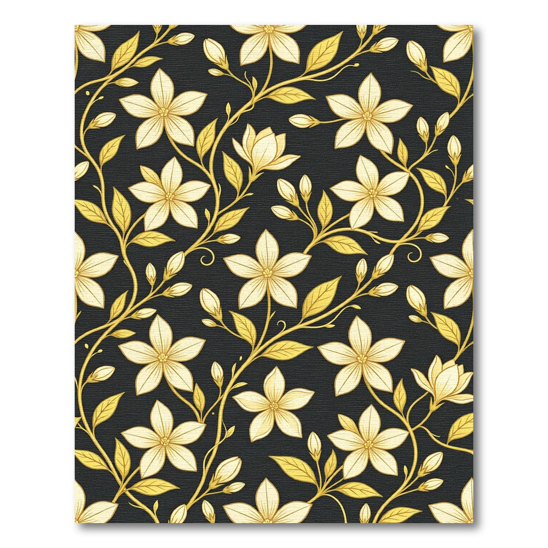 Golden Floral Vine Black Rug