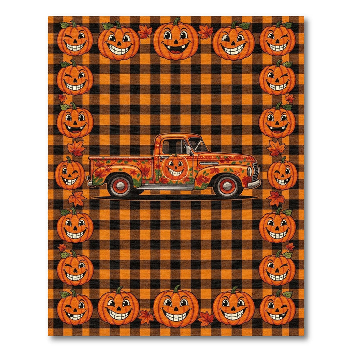 Smiling Pumpkin Truck Orange Checkered Area Rug