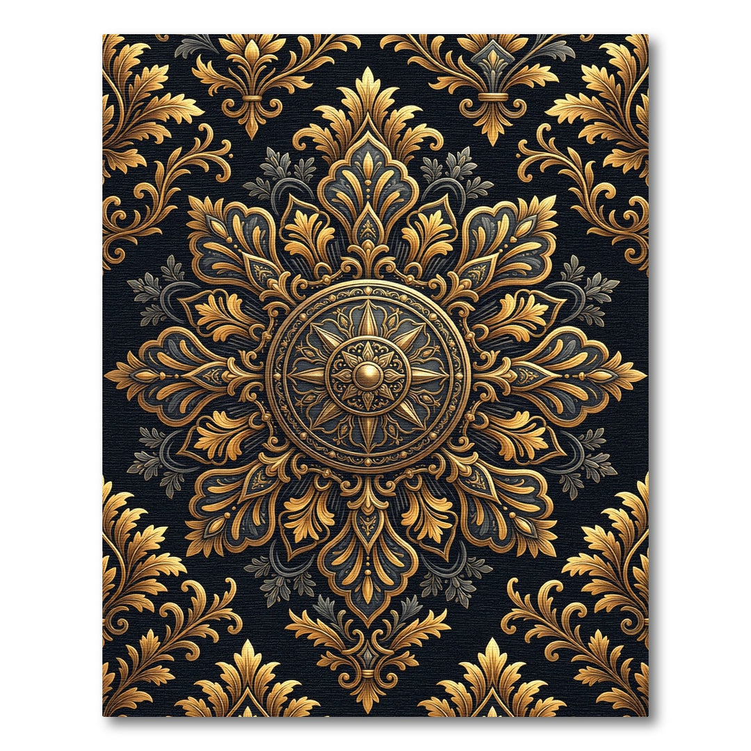 Ornate Gold Black Floral Filigree Rug