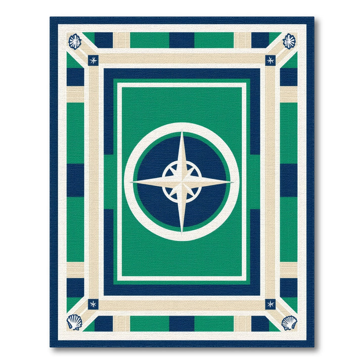Nautical Compass Blue Green Washable Area Rug