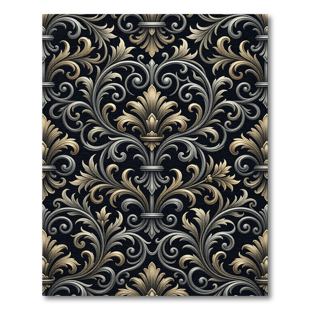 Gold Silver Black Damask Ornate Rug