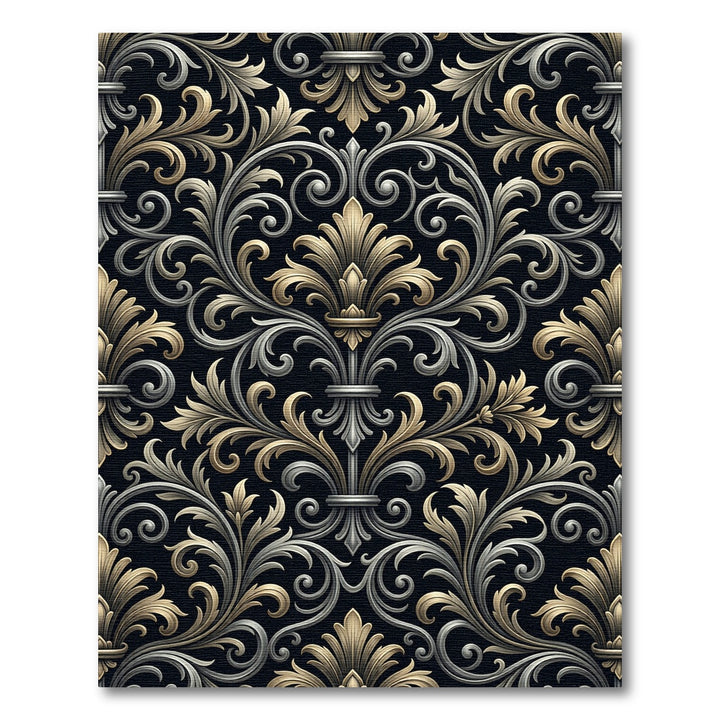 Gold Silver Black Damask Ornate Rug