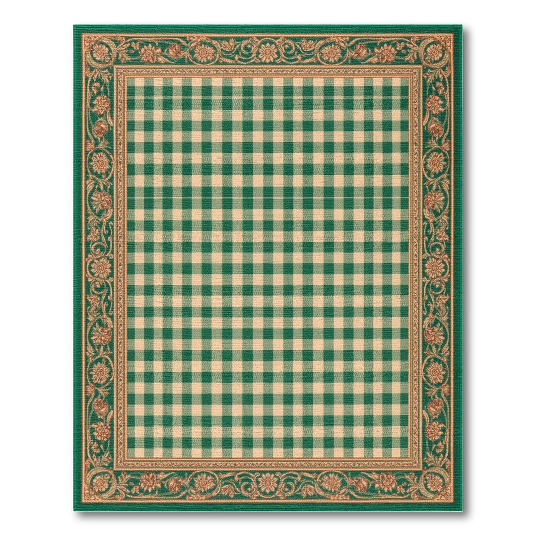 Green Gingham Checkered Rug with Floral Border