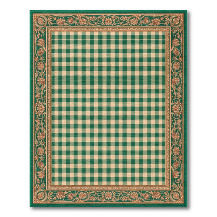 Green Gingham Checkered Rug with Floral Border