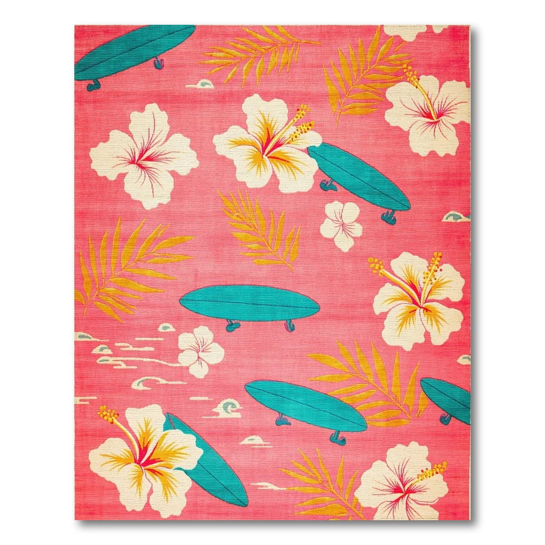 Pink Hibiscus Surfboard Washable Area Rug