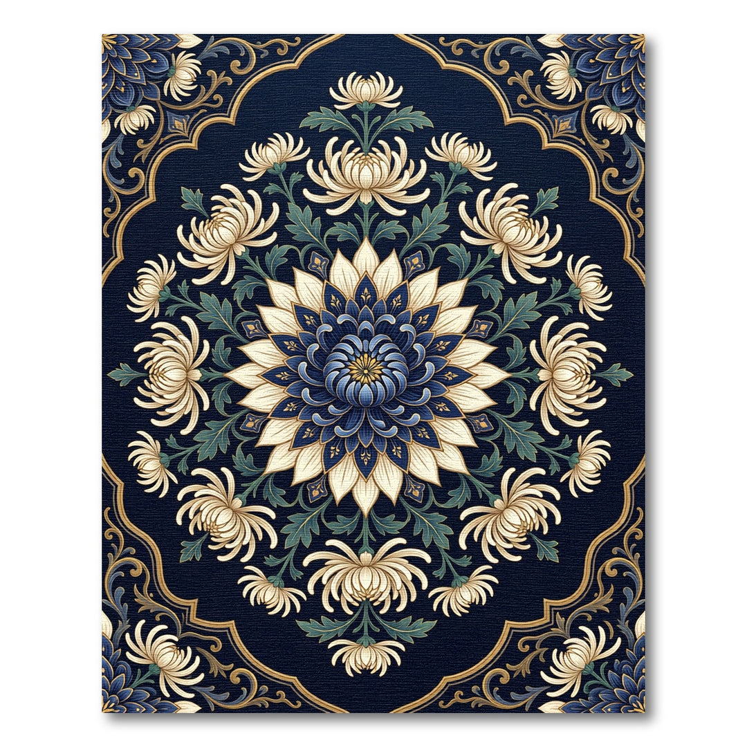 Deep Blue Chrysanthemum Floral Medallion Rug