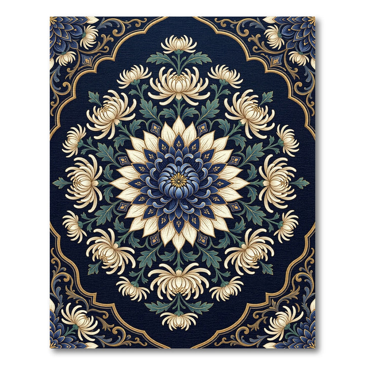 Deep Blue Chrysanthemum Floral Medallion Rug