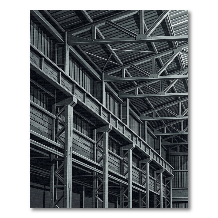 Industrial Gray Steel Warehouse Structure Rug