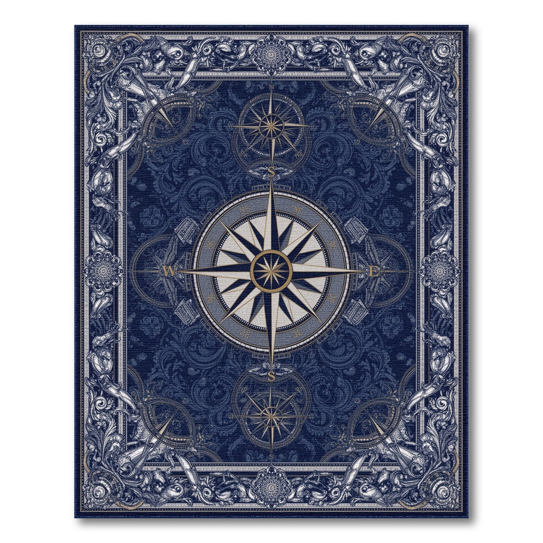 Navy Compass Rose Vintage Area Rug