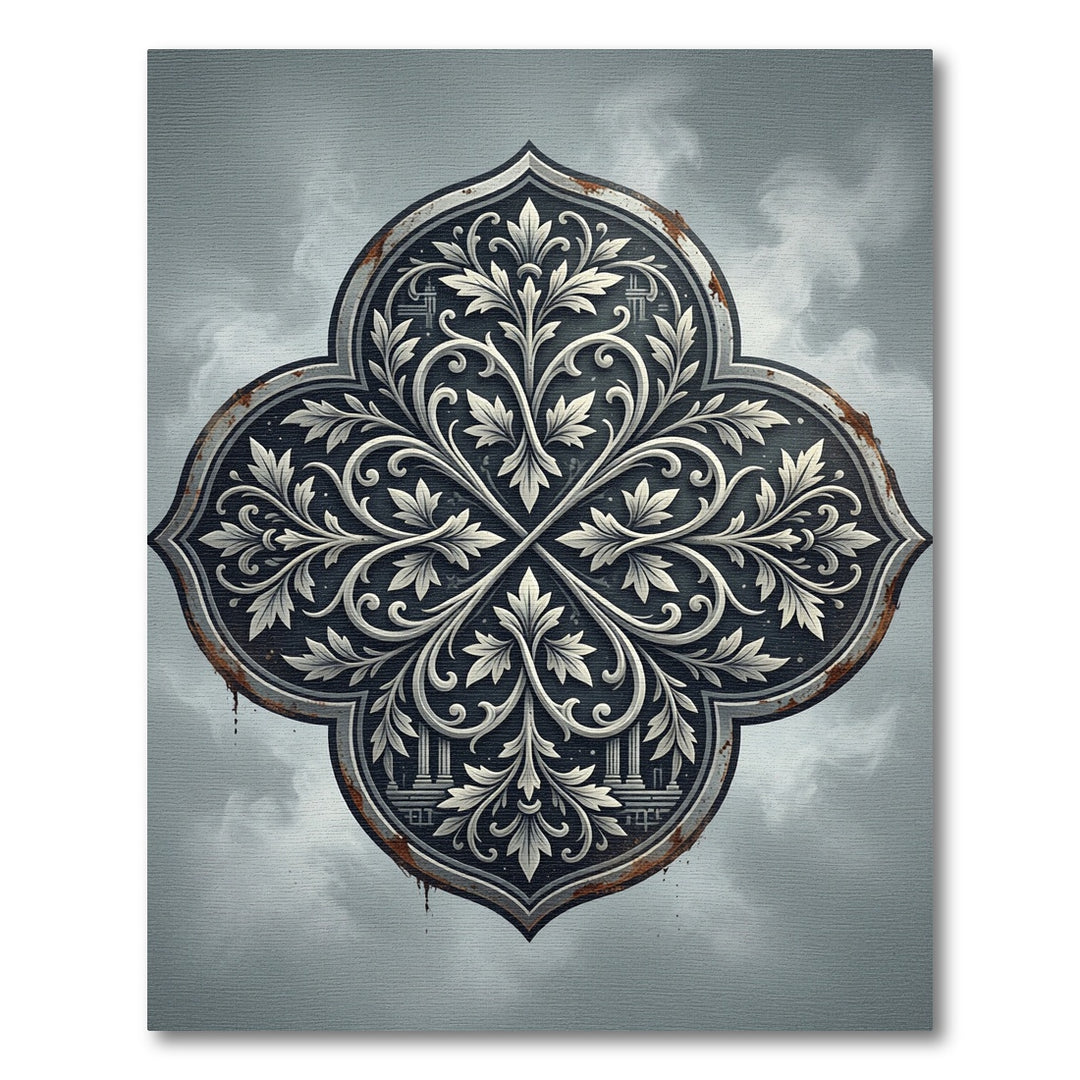 Ornate Silver Scrollwork Four Leaf Rug