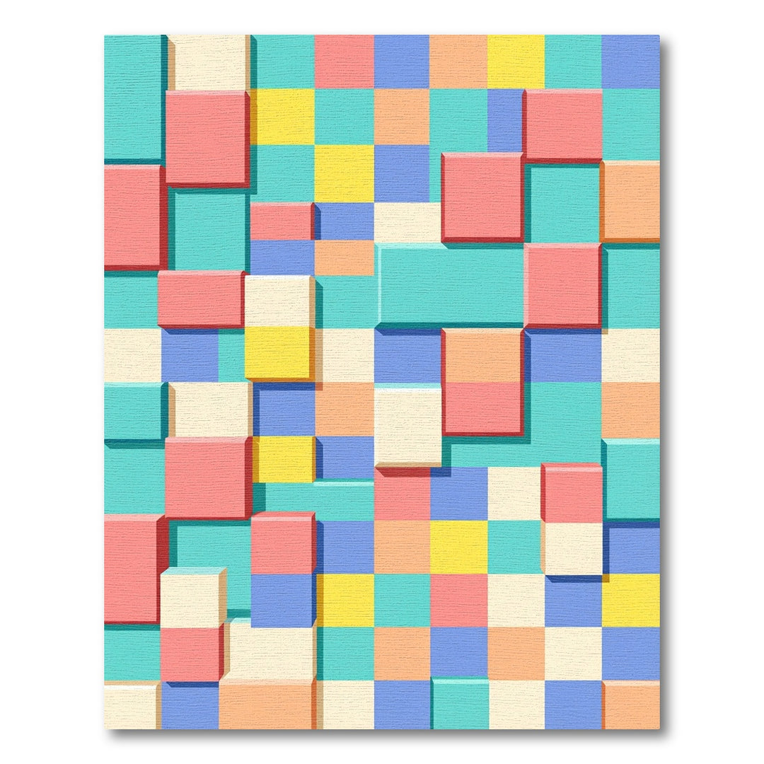 Retro Coral Teal Yellow Geometric Blocks Rug