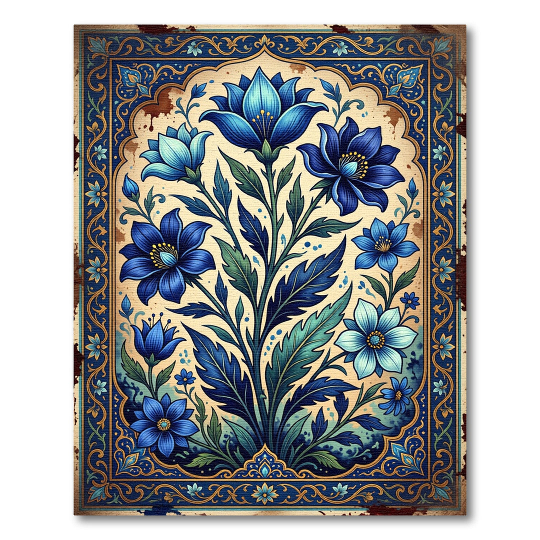 Deep Blue Floral Garden Frame Rug