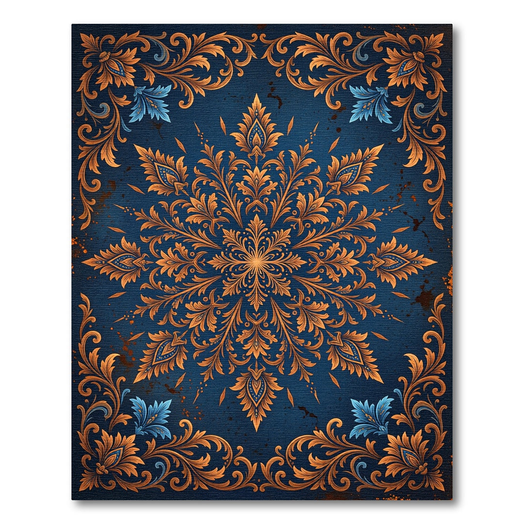 Ornate Golden Blue Floral Medallion Rug