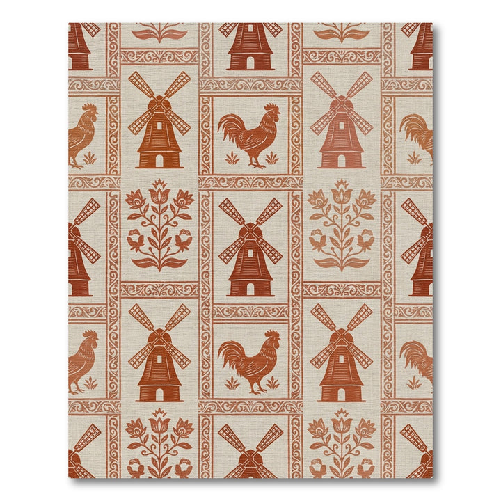 Rustic Terra Cotta Windmills and Roosters Rug