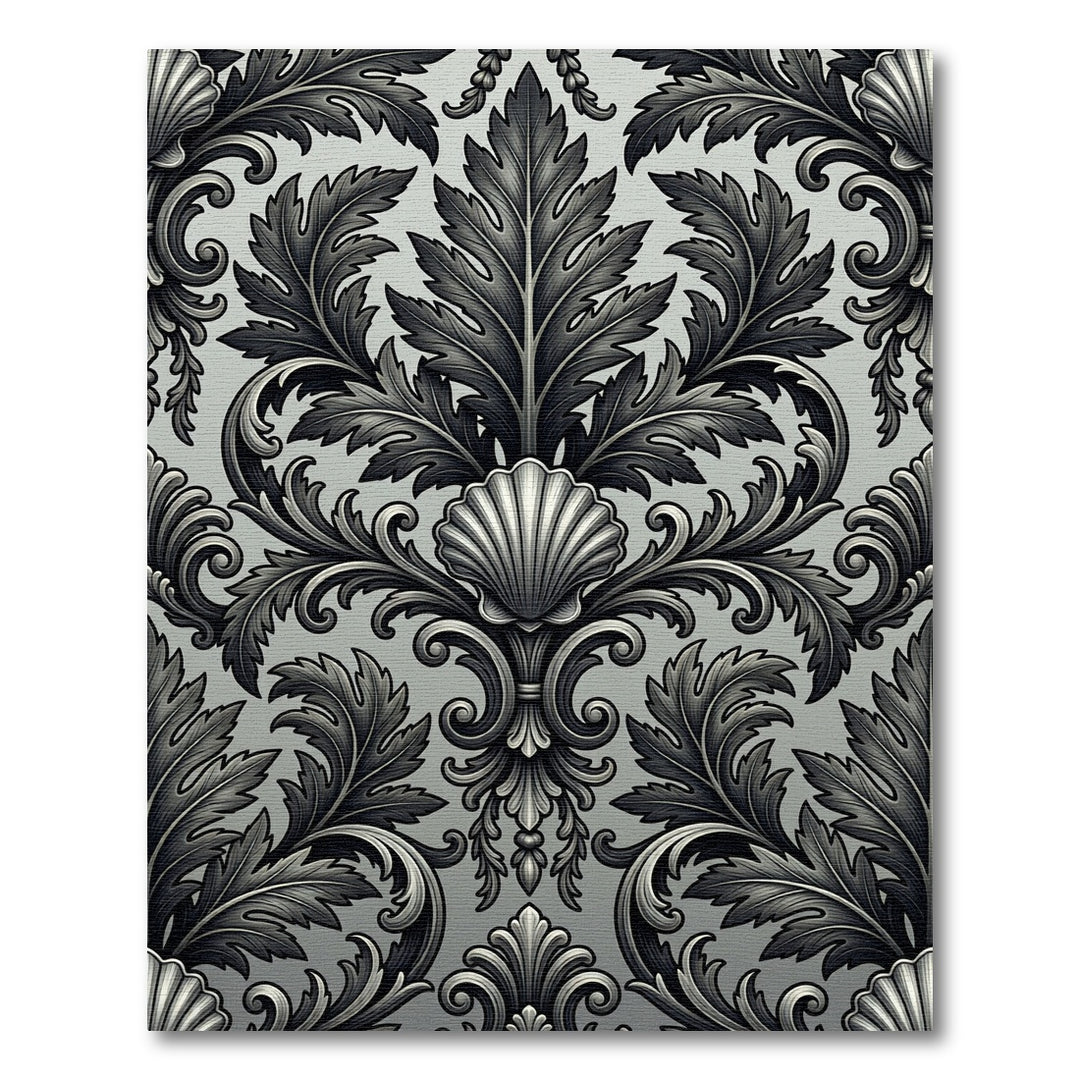 Ornate Black and White Scallop Leaf Rug