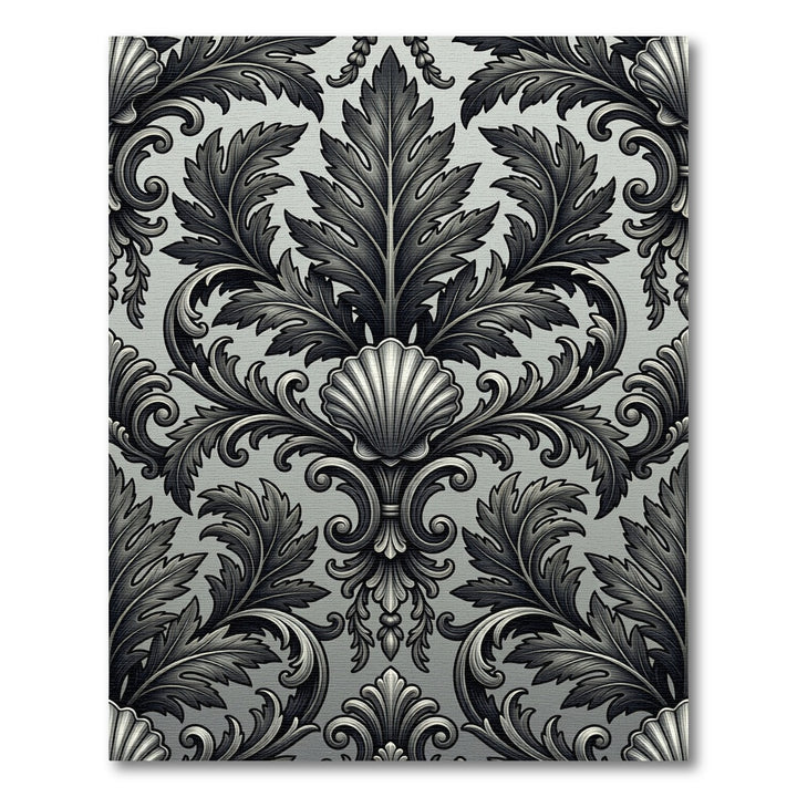Ornate Black and White Scallop Leaf Rug