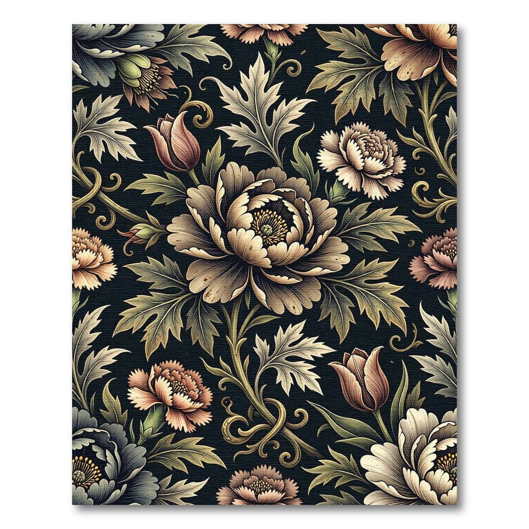 Dark Floral Meadow Botanical Scroll Rug