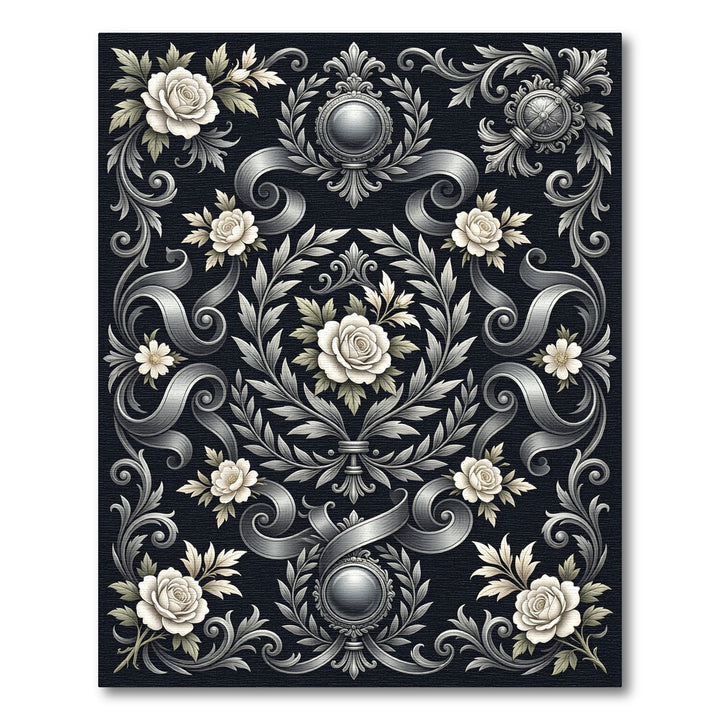 Ornate Silver Floral Laurel Swirls Rug